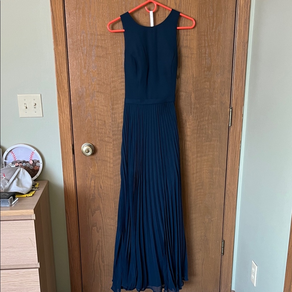 Azazie Dark Blue Pleated Maxi Dress